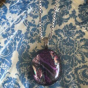 Hand Made-Dichroic Art Glass 20" Sterling Silver Box Chain Necklace ITALY PreOwn